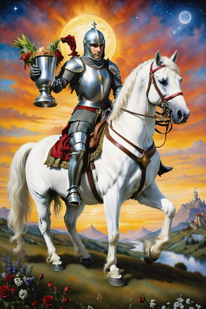 knigth of cups  card of tarot: A knight on a white horse, carrying a cup, symbolizing the quest for love and romantic ideals., artfrahm,visionary art style