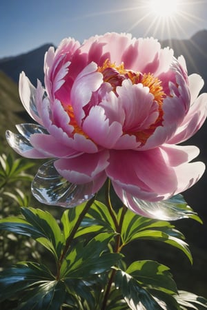 Crystal Peony of the Hidden Valley: This peony appears to be carved from transparent crystal, reflecting sunlight in a secret valley where only pure hearts can find it.