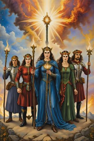 fiveof wand card of tarot: Five figures in conflict, holding wands, symbolizing competition and challenges., artfrahm,visionary art style