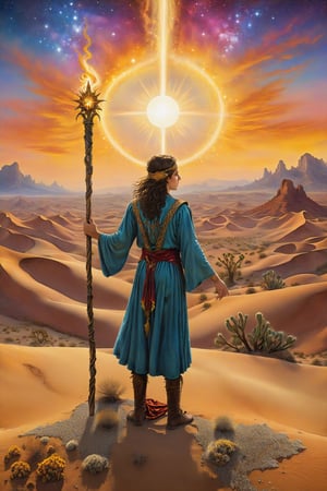 page of  wands card of tarot: A young figure holding a wand, observing the desert before them, symbolizing enthusiasm and discovery... artfrahm,visionary art style