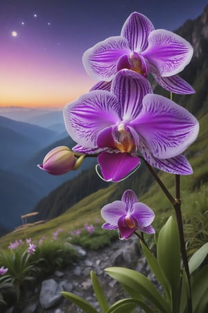 Celestial Orchid of Dreams: With petals that seem to be made of shooting stars, this orchid grows high in the mountains, capturing the dreams of those who come near.