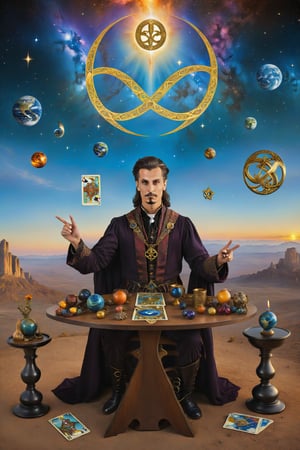 The magician card of tarot, A man with a table in front of him full of magical objects, an infinity symbol floating above his head, with one hand pointing to the sky and the other towards the earth, artfrahm,visionary art style