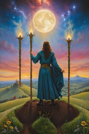 three of wand card of tarot: A figure standing on a hill, observing three wands planted in the ground, symbolizing expansion and foresight., artfrahm,visionary art style