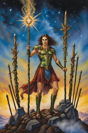 seven of  wands card of tarot: A figure standing, holding a wand in a defensive position against six other wands rising from below, symbolizing defense and resilience against challenges.. artfrahm,visionary art style