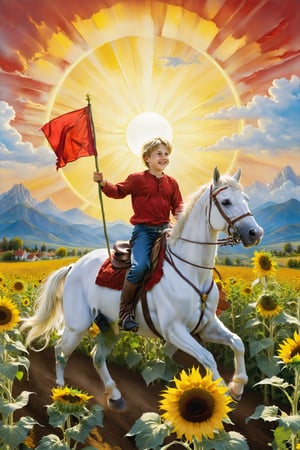  The sun card of tarot:  A radiant sun illuminates the clear sky, while a cheerful boy rides a white horse with a red flag in a field of sunflowers. The scene is full of vitality and positive energy, symbolizing success, joy and clarity.,visionary art style