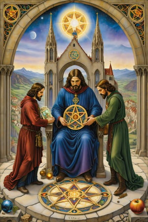three of pentacles card of tarot: A master craftsman working on the construction of a cathedral, with two figures supervising, symbolizing collaboration, skills, and achievement of long-term goals... artfrahm,visionary art style