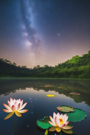 Starry Lotus of the Star Lake: Each lotus seems to float on waters reflecting a starry sky, its petals white as snow contrasting with the gleam of the stars.