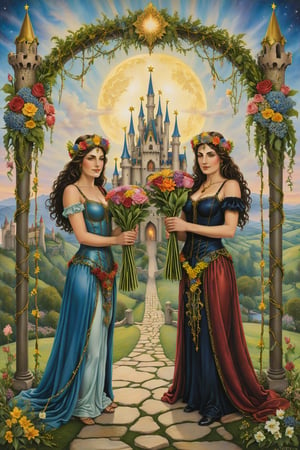 four of wand card of tarot:  Two figures holding flowers, celebrating under a canopy of four wands adorned with garlands. With 4 four wands In the background, a castle represents a stable and prosperous home life. This card symbolizes celebration, harmony, and milestones achieved., artfrahm,visionary art style