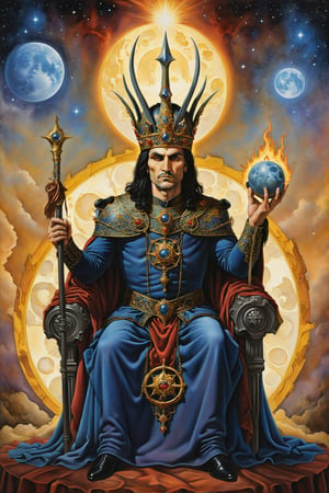 The emperor card of tarot, Un hombre en un trono adornado con cabezas de carnero, sosteniendo un cetro y un orbe, representando autoridad y estructura., artfrahm,visionary art style