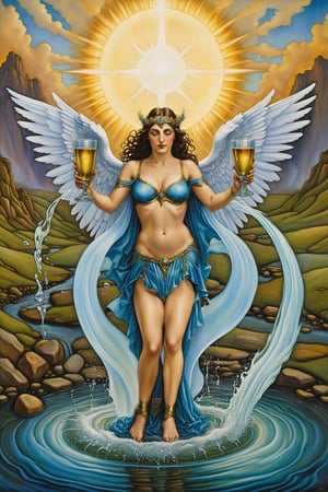 Temperance	 card of tarot: Un ángel vertiendo agua entre dos copas, simbolizando equilibrio, moderación y armonía.,artfrahm,visionary art style