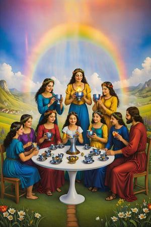 10  of cups  card of tarot: A family under a rainbow of ten cups, symbolizing happiness and harmony at home., artfrahm,visionary art style