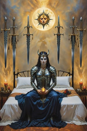 9 of sword card of tarot: A figure sitting up in bed, with hands on their head and nine swords hanging on the wall behind them, symbolizing anxiety and nightmares., artfrahm,visionary art style