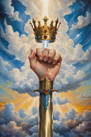 Ace of sword card of tarot:  A hand emerging from a cloud, holding a sword with a crown, symbolizing mental clarity and new intellectual beginnings., harmony, and milestones achieved., artfrahm,visionary art style