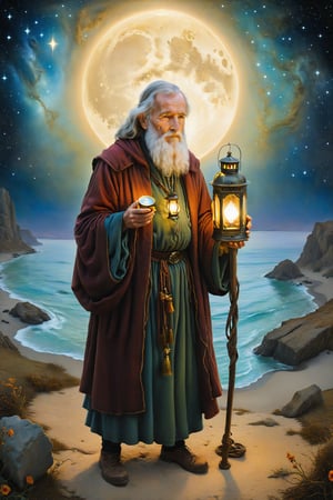 The hermit card of tarot: A lonely old man with a lantern, representing the search for inner knowledge and wisdom, artfrahm,visionary art style