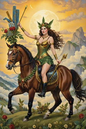 six of  wand card of tarot: A figure riding a horse, holding a wand adorned with a laurel wreath, symbolizing victory and recognition. artfrahm,visionary art style