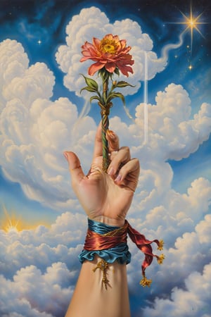 Ace of wand card of tarot: A hand emerging from a cloud, holding a flowering wand, symbolizing new beginnings and creative opportunities., artfrahm,visionary art style