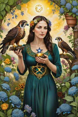 9 of pentacles card of tarot: A woman with pentacle, enjoying the peace and abundance in her garden with a falcon in her hand, with 9 pentacles distributed in pentacles in the flowers and plants, visionary art style