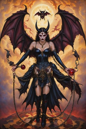 The devil card of tarot: A demonic figure with bat wings, chaining two people, representing temptation and materialism.artfrahm,visionary art style