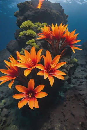 Fire Blossoms of the Sleeping Volcano: These red and orange flowers seem to burn with fire inside a dormant underwater volcano, resisting the extreme pressures of the deep ocean.