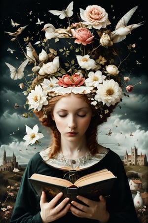 Generate an aesthetically fascinating collage artwork, complex double exposure art by Alex Stoddard, Natalia Drepina and Brooke Shaden, a surreal postcard. Double exposure of a woman with a composition of books in her head, as a form of thoughts. long_exposure, long_exposure, flower, gbaywing