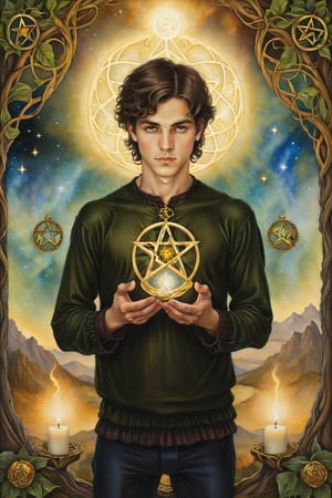 page of pentacles card of tarot: A young man figure holding a pentacle with both hands, looking on with curiosity, symbolizing studies, learning, and a focus on finances and material resources. artfrahm,visionary art style