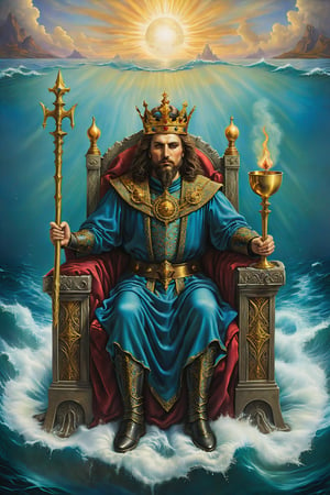 king of cups  card of tarot:A king sitting on a throne in the middle of the sea, holding a cup and a scepter, symbolizing emotional balance and wisdom., artfrahm,visionary art style