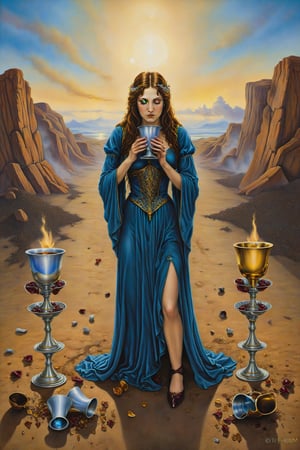 five of cups card of tarot: A figure standing, looking at three cups spilled on the ground while two cups remain upright behind them, symbolizing loss, regret, and perspective., artfrahm,visionary art style
