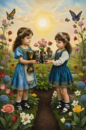 six of cups card of tarot: Two children in a garden, exchanging cups full of flowers, one of them offering it to another, symbolizing nostalgia, innocence, childhood memories and comfort in the past. artfrahm,visionary art style