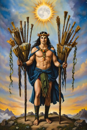 10 of  wands card of tarot: A figure carrying ten heavy wands, symbolizing the burden of responsibilities and effort.. artfrahm,visionary art style