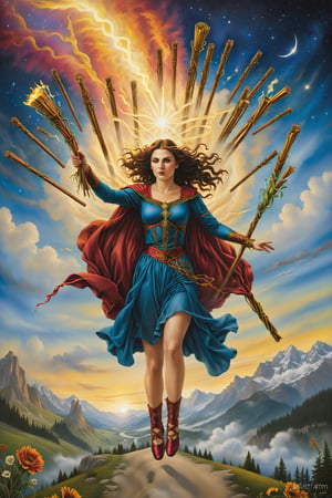 8 of  wands card of tarot: Eight wands flying through the air, symbolizing speed, movement, and rapid progress.. artfrahm,visionary art style