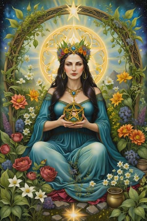 queen of pentacles card of tarot: A queen sitting in her garden, holding a pentacle and surrounded by flowers and vegetation, symbolizing abundance, practicality, and focus on home and family..artfrahm,visionary art style