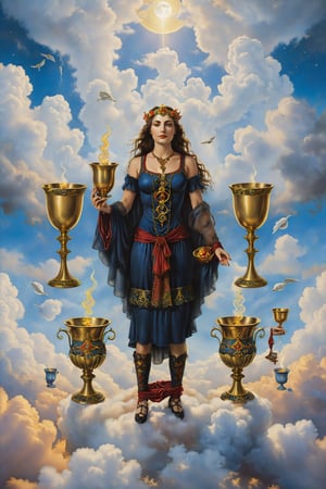 seven of cups card of tarot: A figure standing in front of seven cups filled with different symbols, floating in the clouds, symbolizing choices, dreams, and decisions., artfrahm,visionary art style