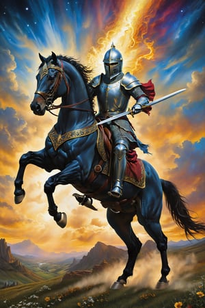 knigth  of sword card of tarot: A knight on a horse, holding a sword high while advancing rapidly, symbolizing decisive action and impulsive energy.. artfrahm,visionary art style