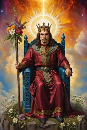 kingn of  wands card of tarot: A king sitting on his throne, holding a flowering wand, symbolizing leadership, vision, and honor., artfrahm,visionary art style