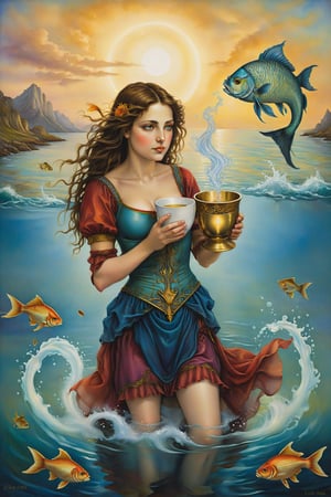 page  of cups  card of tarot: A young figure with a cup from which a fish is emerging, symbolizing creativity and emotional surprise., artfrahm,visionary art style