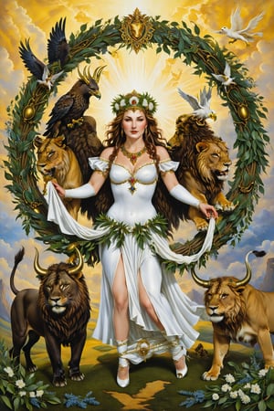The world card of tarot: A figure of a woman in a white dancing costume surrounded by a wreath of laurels, with the four creatures of the evangelists in the corners: a lion, a bull, an eagle and an angel. The figure holds two staffs, symbolizing completion and achievement, harmony and full realization. .artfrahm,visionary art style