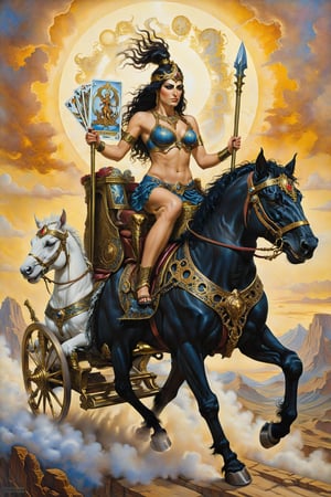  The charriot card of tarot: A warrior in a chariot pulled by two sphinxes, one white and one black, symbolizing victory and control.. artfrahm,visionary art style