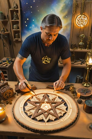 8 of pentacle card of tarot, TA craftsman is diligently focused at their workbench, meticulously carving a pentacle into a piece of wood. Around them are other completed pentacles and work tools. The atmosphere is calm and orderly, with a clear focus on the task at hand. This card symbolizes skill, craftsmanship, dedication, and perfection in work. It represents patient and meticulous effort dedicated to mastering a skill or craft. It also indicates the value of continuous learning and gradual progress toward larger goals and achievements. artfrahm,visionary art style
