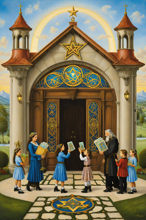 ten of pentacle card of tarot, A multi-generational family gathers in front of a large mansion, with older generations and children playing together. The scene is rich with symbols of wealth and stability, such as a coat of arms above the door and ornate pillars. This card symbolizes inheritance, family tradition, material prosperity, and shared well-being. It represents the achievement of financial security and stability through family support and unity. It also indicates the importance of family roots and the legacy passed down from one generation to another. artfrahm,visionary art style