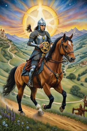 knigth of pentacles card of tarot:A knight on horseback, holding a pentacle, moving slowly toward a hill, symbolizing diligent work, responsibility, and focus on long-term goals.artfrahm,visionary art style