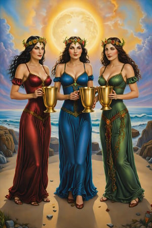three of cups  card of tarot: Three women raising cups in celebration, symbolizing friendship, community, and celebration., artfrahm,visionary art style