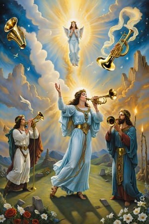  The Judgement card of tarot: An angelic figure blowing a trumpet, while human figures rise from their graves with their arms extended towards the sky. The scene represents resurrection and awakening, symbolizing renewal, reflection and the call to a new life. ,visionary art style