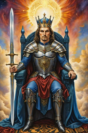 king of sword card of tarot: A king sitting on his throne, holding a sword upright, symbolizing intellectual authority and decisive power., artfrahm,visionary art style