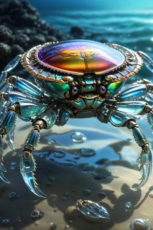 a biomechanical crab made out of glass in the ocean magic iridicent glass gem, (transparent), (intricate detailed), UHD, HDR+, (hyperdetailed:1.2), centered,cyborg style,Movie Still,Leonardo Style