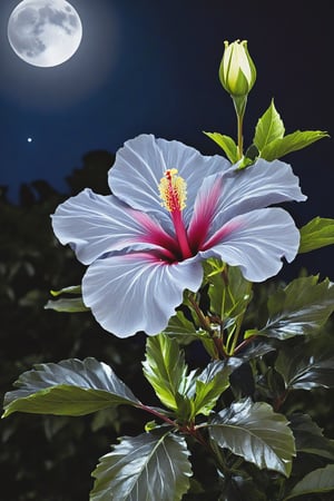 Moonlit Hibiscus of Silver Nights: Its petals glow like silver under the moonlight, and its flowers bloom only on full moon nights, filling the air with its celestial fragrance.