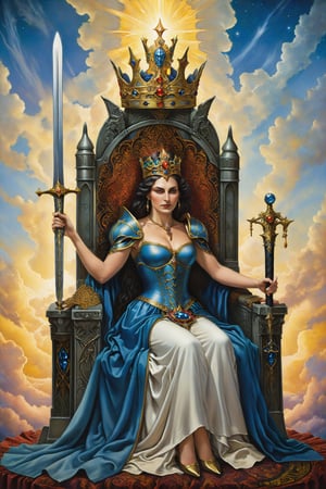 queen  of sword card of tarot: A queen sitting on her throne, holding a sword high with one hand while the other is extended, symbolizing independence and mental clarity.. artfrahm,visionary art style