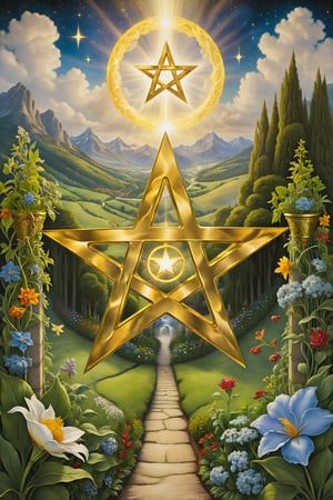 ace of pentacle card of tarot,  hand emerges from a cloud, holding a golden, radiant pentacle above a flourishing garden. The hand, in a gesture of offering, presents the pentacle as a gift, representing material opportunities and new beginnings in the realm of prosperity and abundance. Below, a path winds through the lush garden toward an arched gateway, opening to distant mountains, symbolizing the potential for growth and development. This card indicates the possibility of financial success, tangible achievements, and the manifestation of material desires. It also suggests that a new phase of prosperity and stability is opening up in one's life. artfrahm,visionary art style