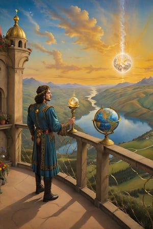 two of wand card of tarot: A figure stands on a terrace, holding a globe in one hand and a wand in the other, with a second wand attached to the wall beside him. He looks out over the vast landscape, symbolizing planning, making decisions, and the potential for new ventures.., artfrahm,visionary art style