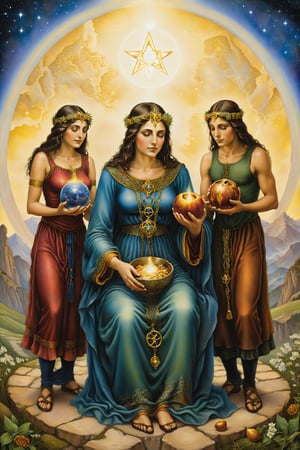 six of pentacles card of tarot:A figure giving alms to two needy individuals, symbolizing generosity, charity, and sharing wealth. artfrahm,visionary art style