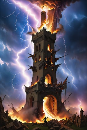 The tower card of tarot: A tower being destroyed by lightning, with people falling from it, symbolizing chaos and sudden revelations. artfrahm,visionary art style